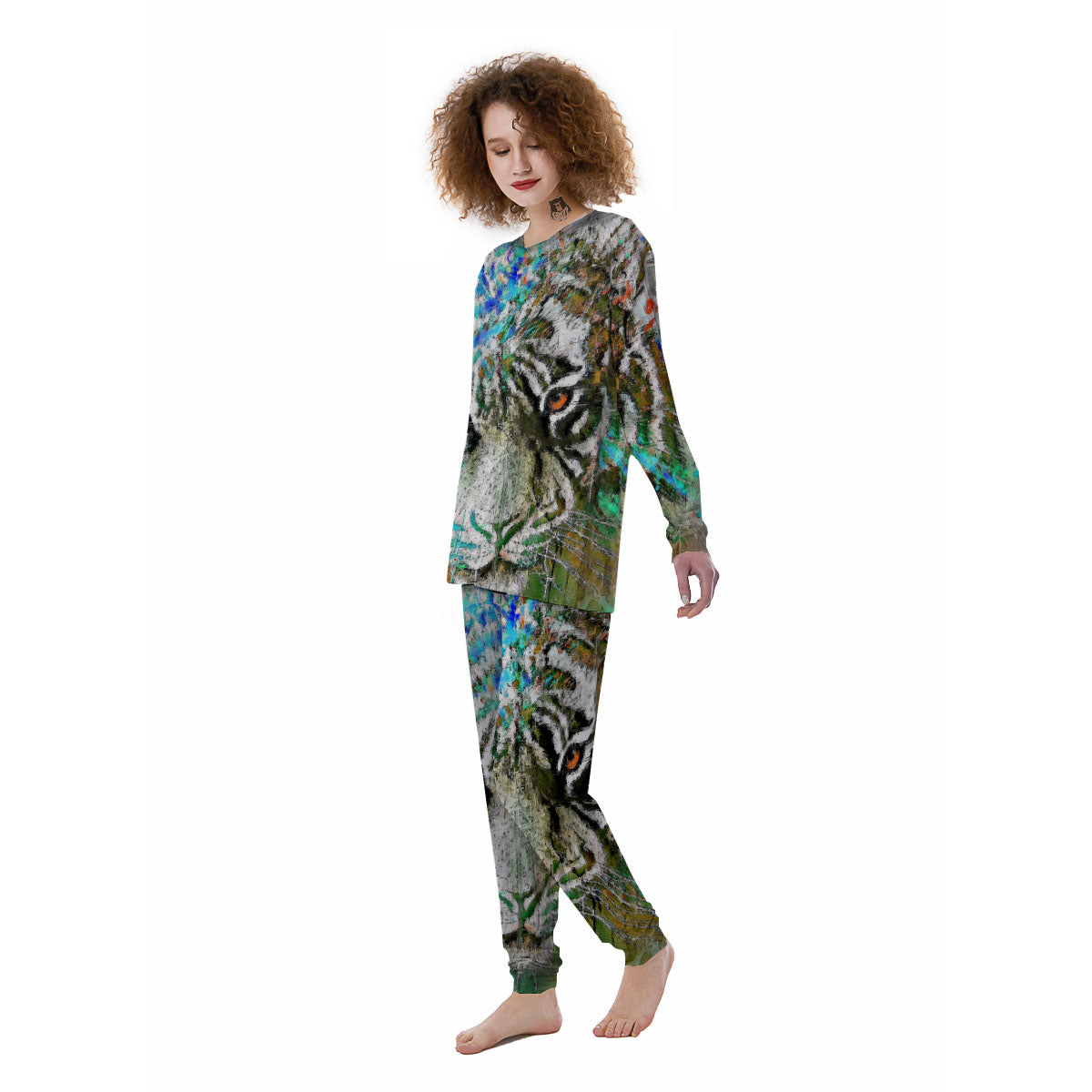 Painting White Tiger Print Women's Pajamas-grizzshop