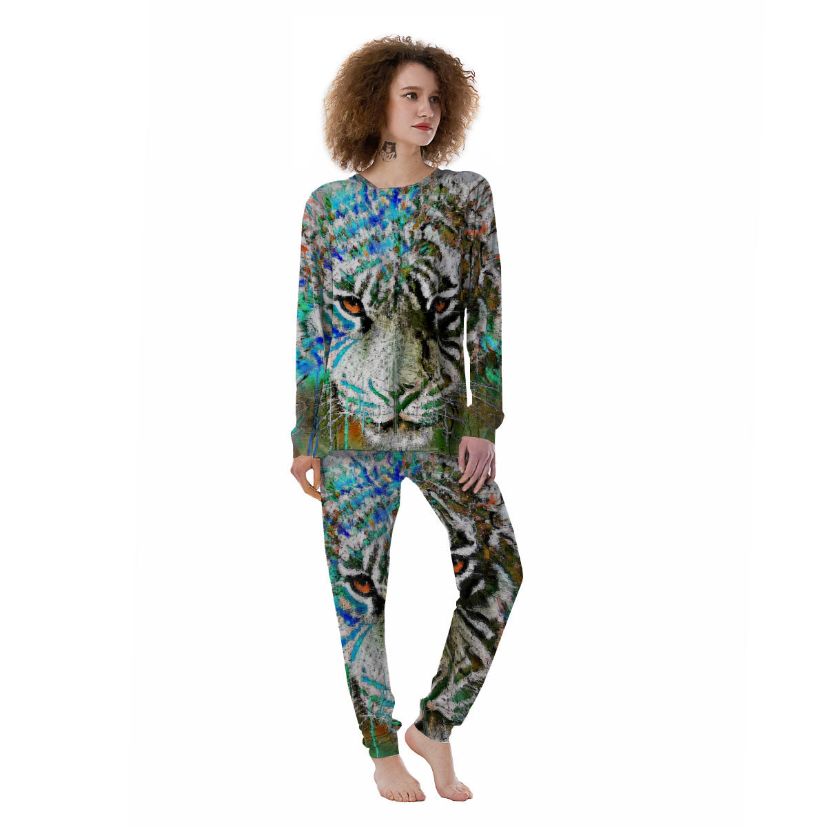 Painting White Tiger Print Women's Pajamas-grizzshop