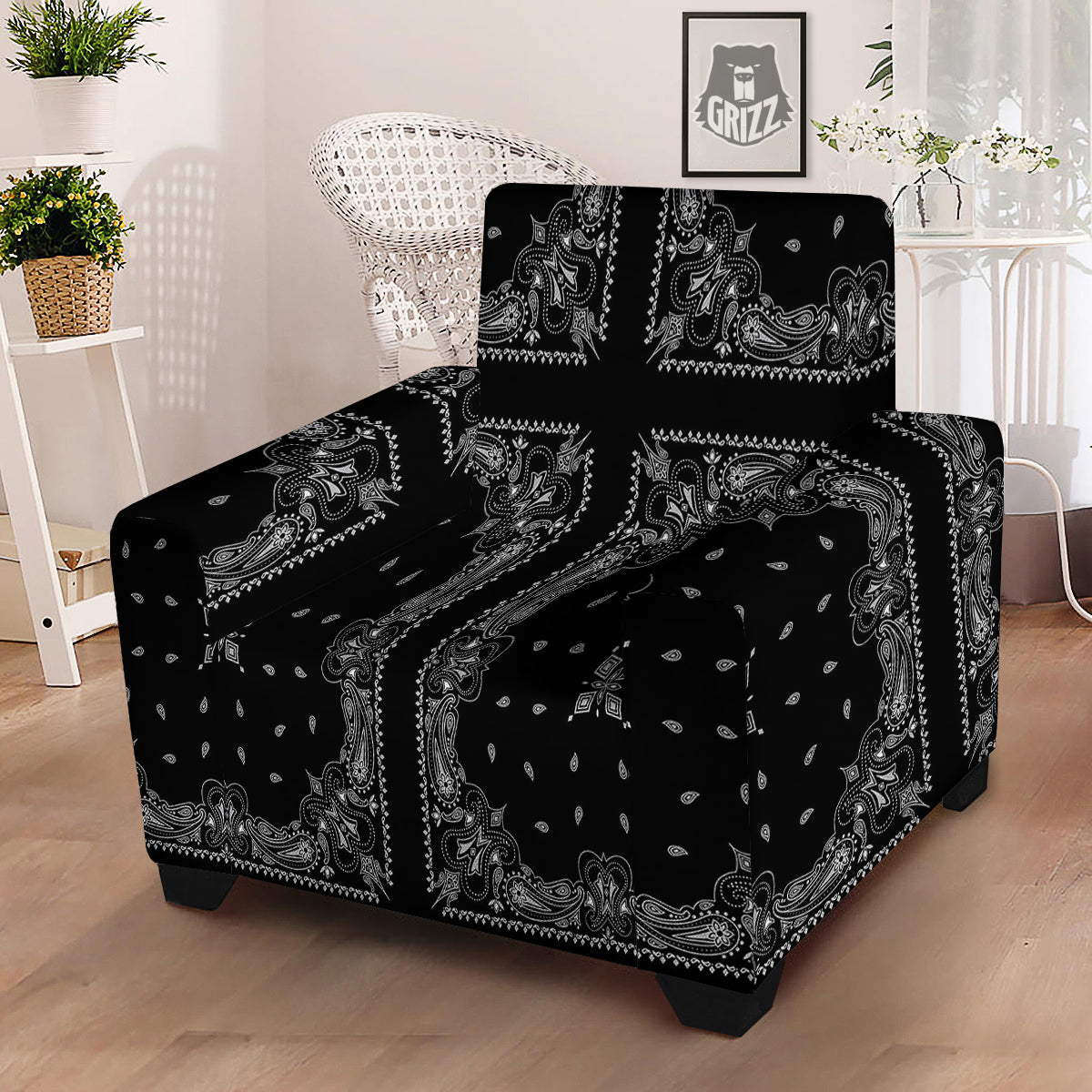 Paisley Bandana Black And White Print Pattern Armchair Slipcover-grizzshop