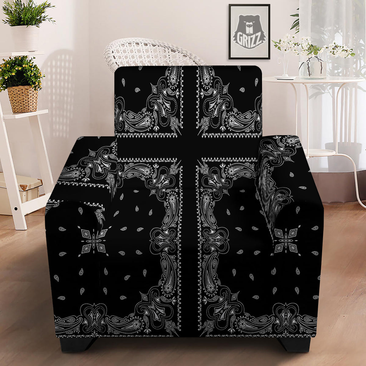 Paisley Bandana Black And White Print Pattern Armchair Slipcover-grizzshop