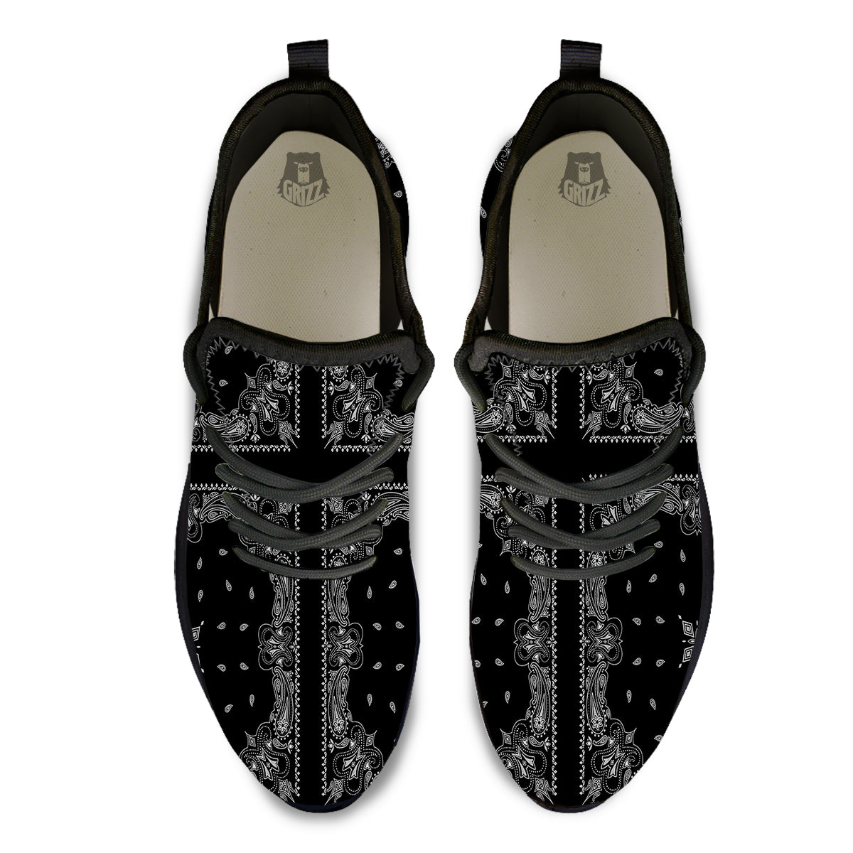 Paisley Bandana Black And White Print Pattern Black Athletic Shoes-grizzshop