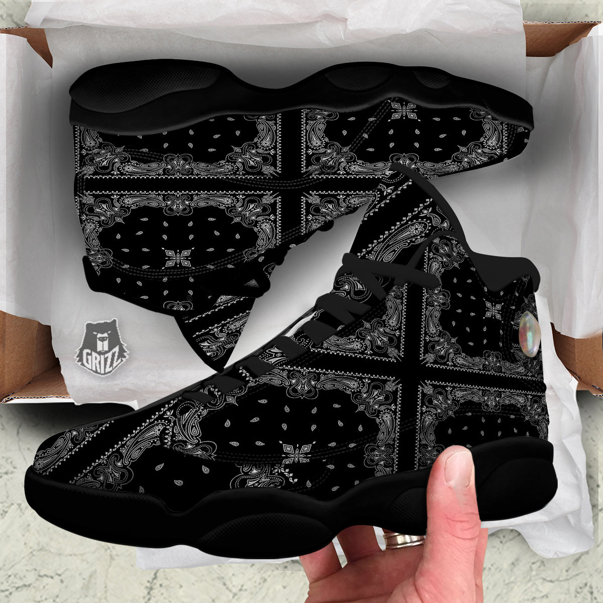 Paisley Bandana Black And White Print Pattern Black Basketball Shoes-grizzshop