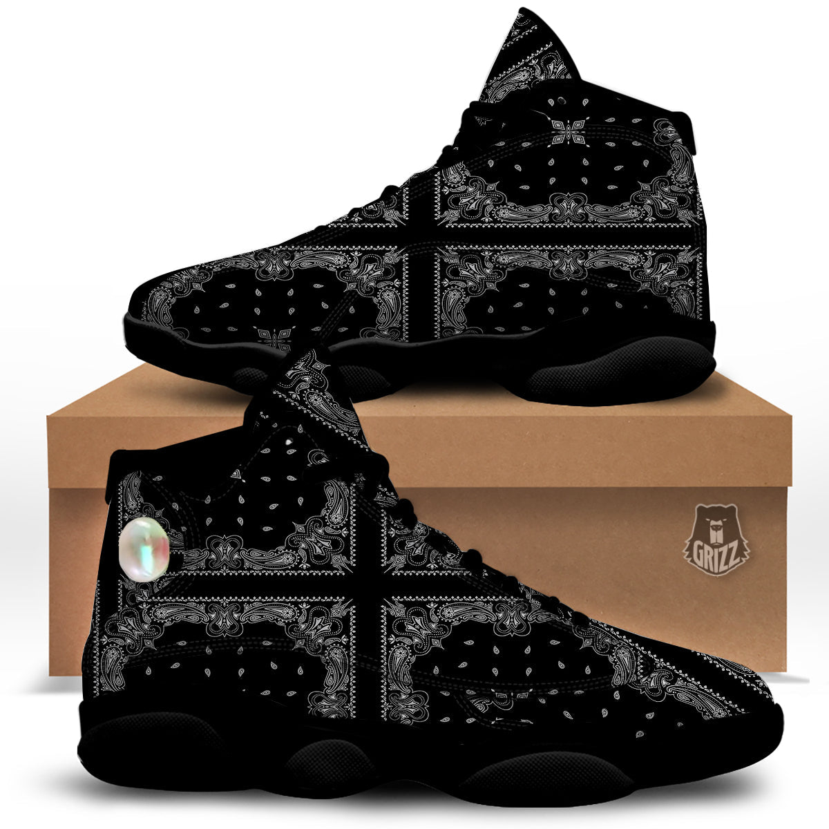 Paisley Bandana Black And White Print Pattern Black Basketball Shoes-grizzshop