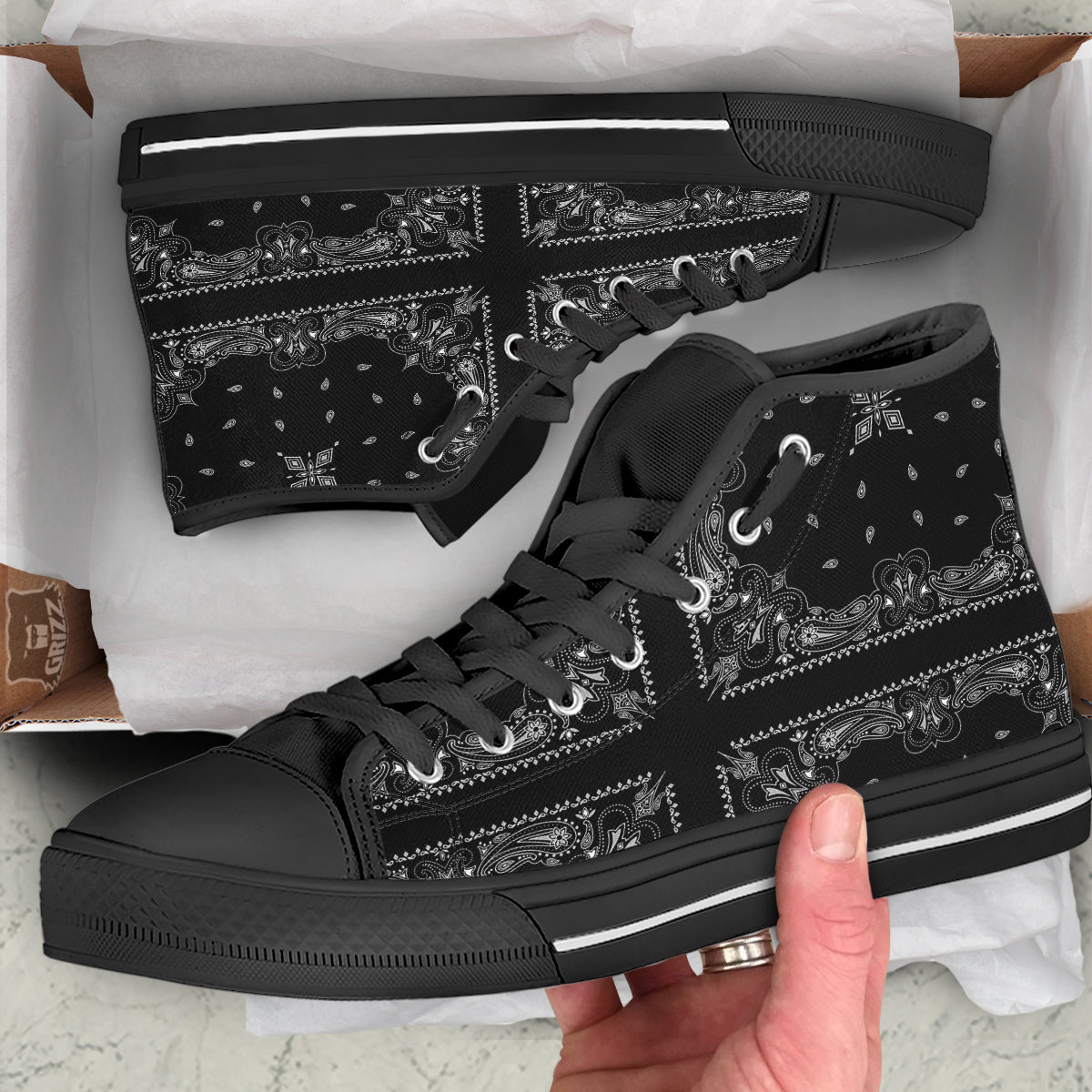 Paisley Bandana Black And White Print Pattern Black High Top Shoes-grizzshop