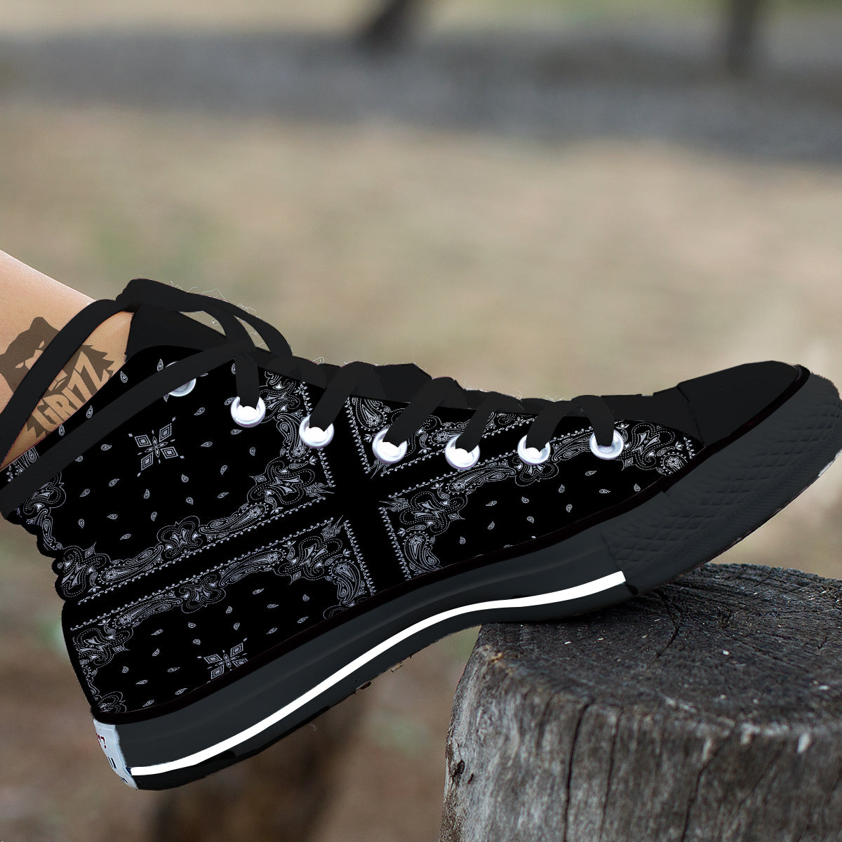 Paisley Bandana Black And White Print Pattern Black High Top Shoes-grizzshop