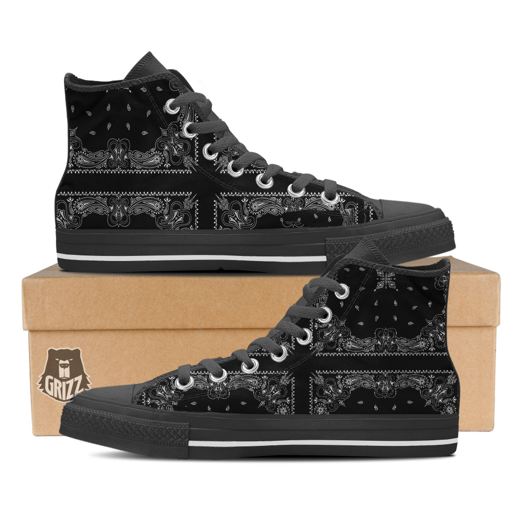 Paisley Bandana Black And White Print Pattern Black High Top Shoes-grizzshop