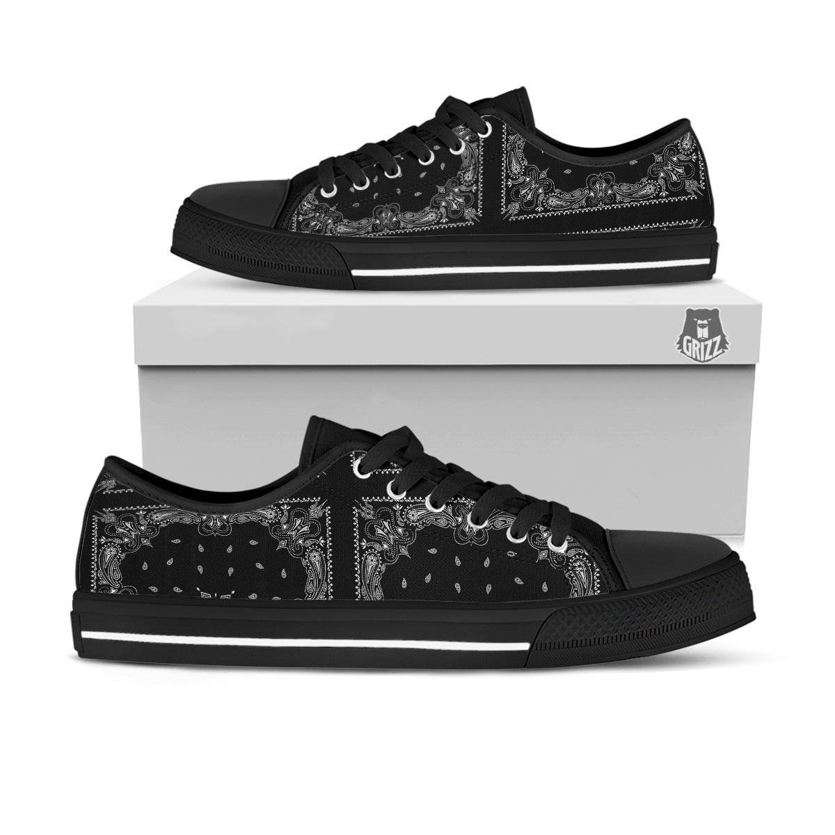 Paisley Bandana Black And White Print Pattern Black Low Top Shoes-grizzshop