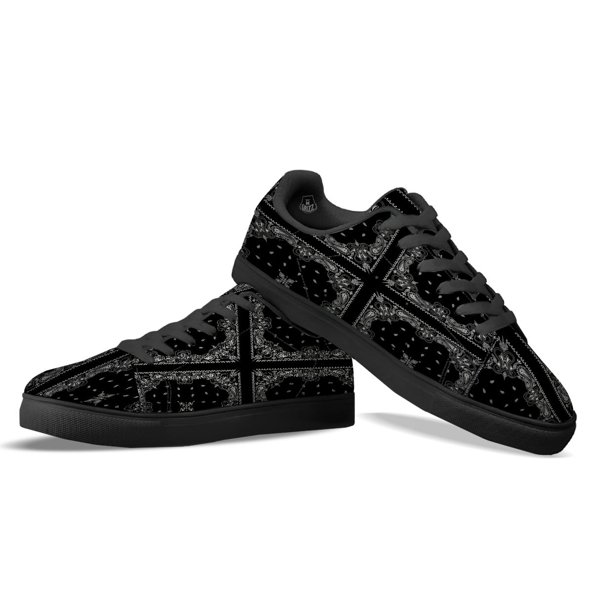 Paisley Bandana Black And White Print Pattern Black Low Top Sneakers-grizzshop