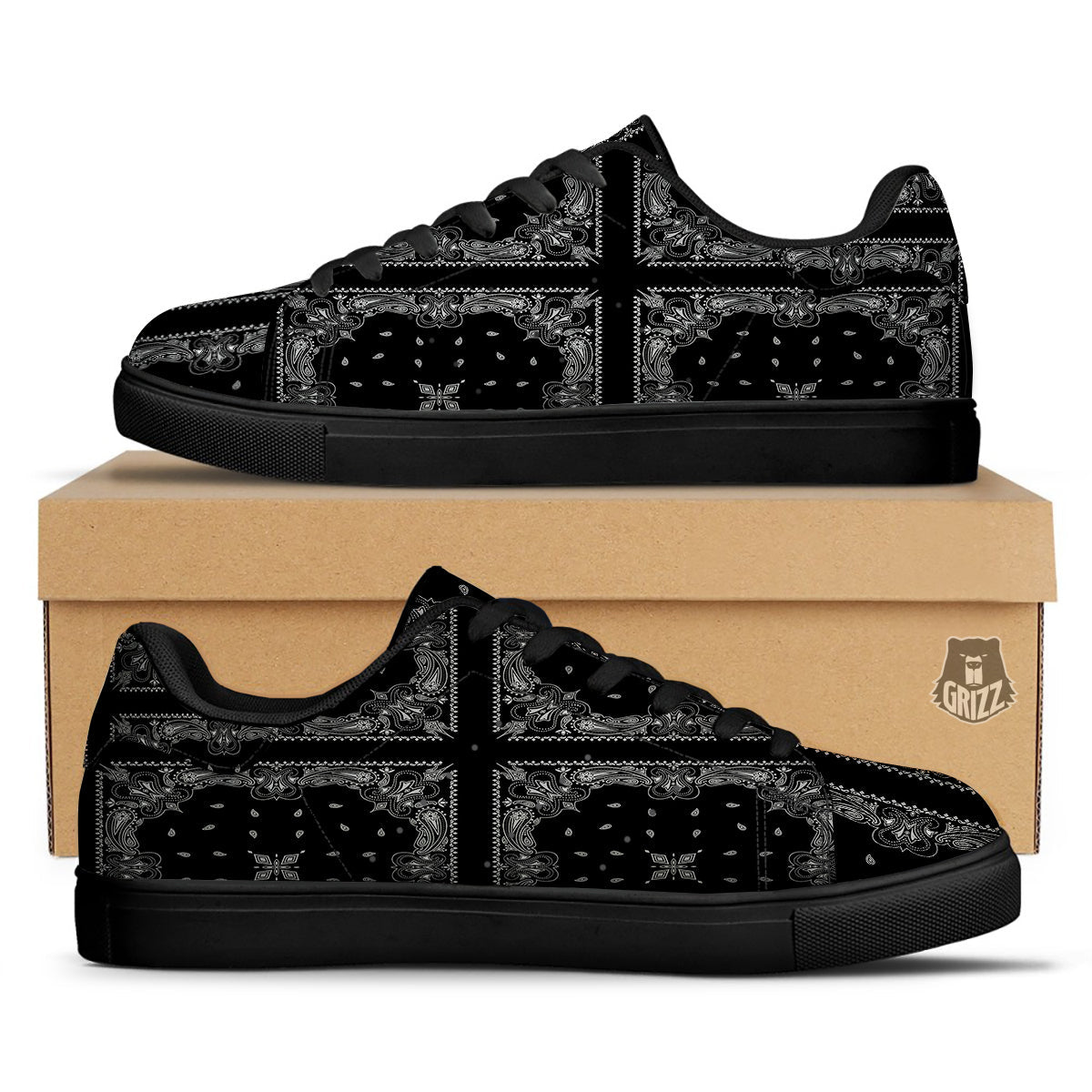 Paisley Bandana Black And White Print Pattern Black Low Top Sneakers-grizzshop