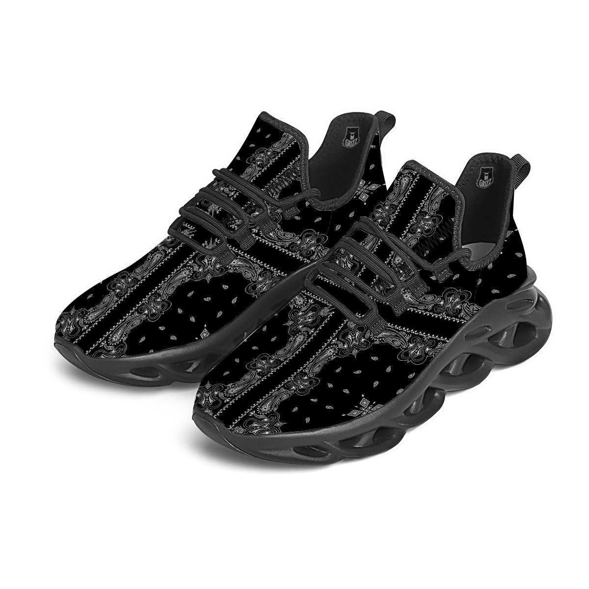 Paisley Bandana Black And White Print Pattern Black Running Shoes-grizzshop