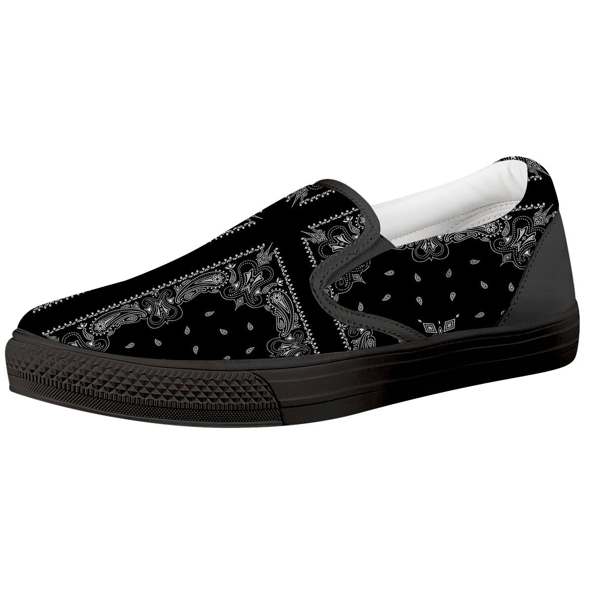 Paisley Bandana Black And White Print Pattern Black Slip On Shoes-grizzshop