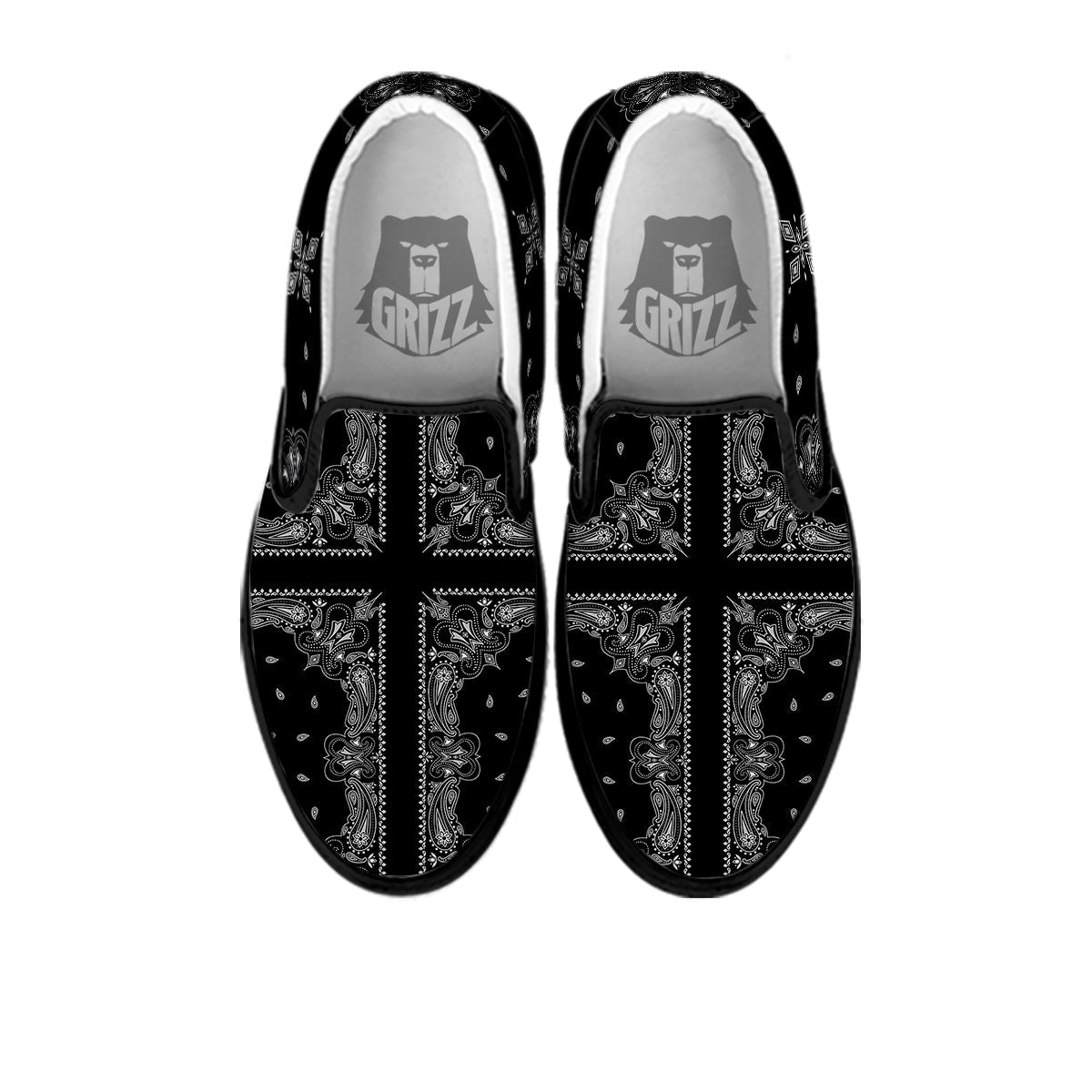 Paisley Bandana Black And White Print Pattern Black Slip On Shoes-grizzshop