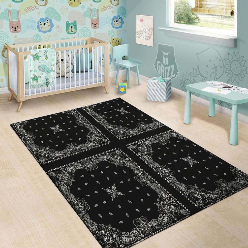 Paisley Bandana Black And White Print Pattern Floor Mat-grizzshop