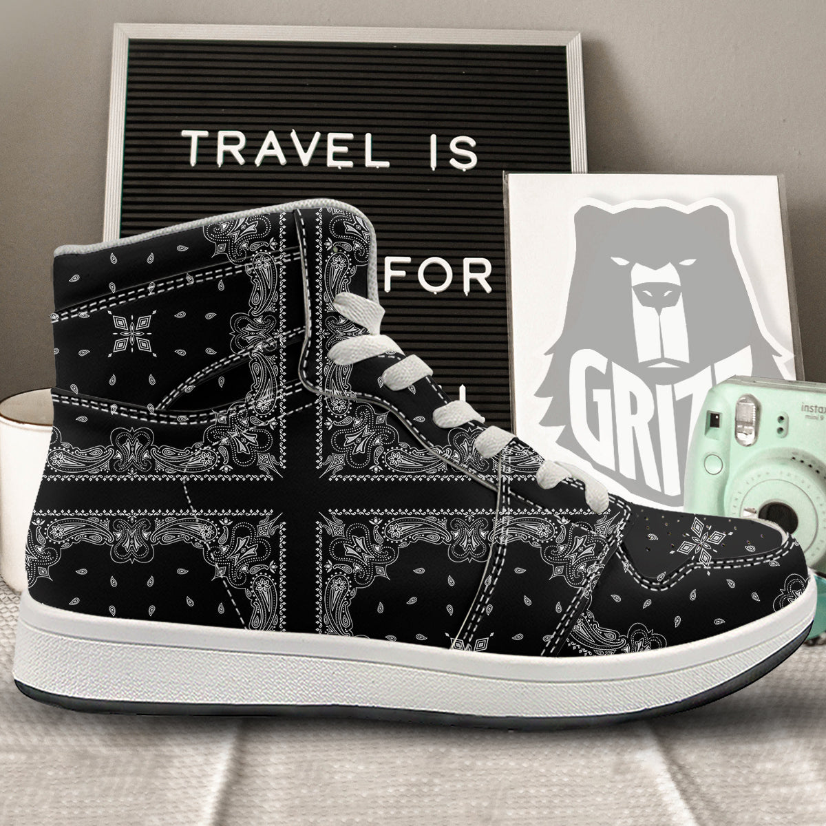 Paisley Bandana Black And White Print Pattern High Top Sneakers-grizzshop