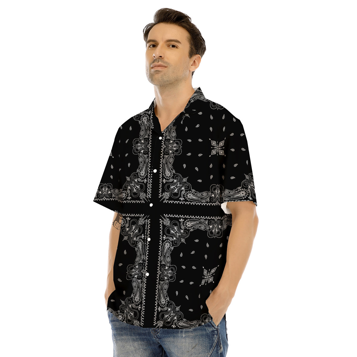 Paisley Bandana Black And White Print Pattern Men's Hawaiian Shirt-grizzshop