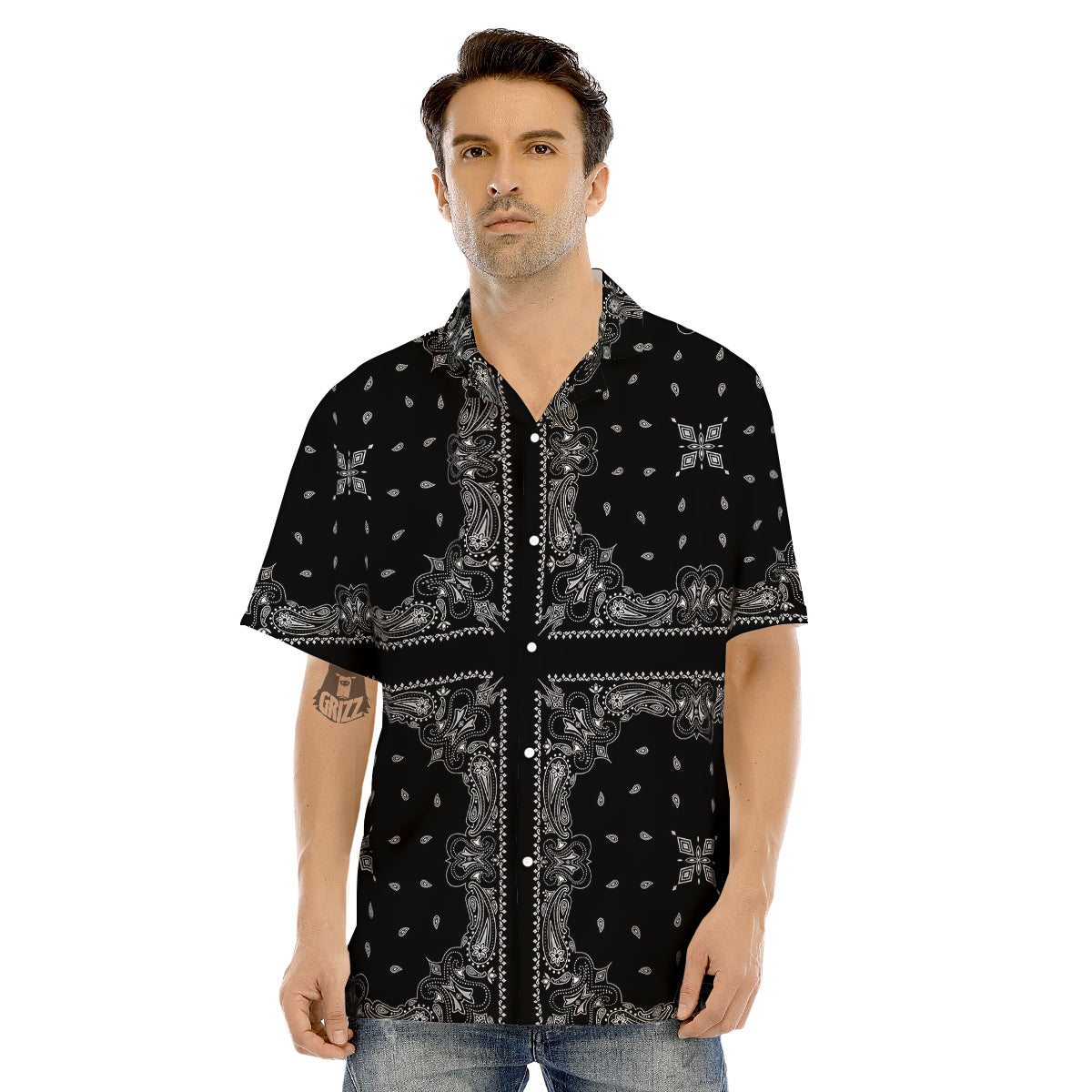 Paisley Bandana Black And White Print Pattern Men's Hawaiian Shirt-grizzshop