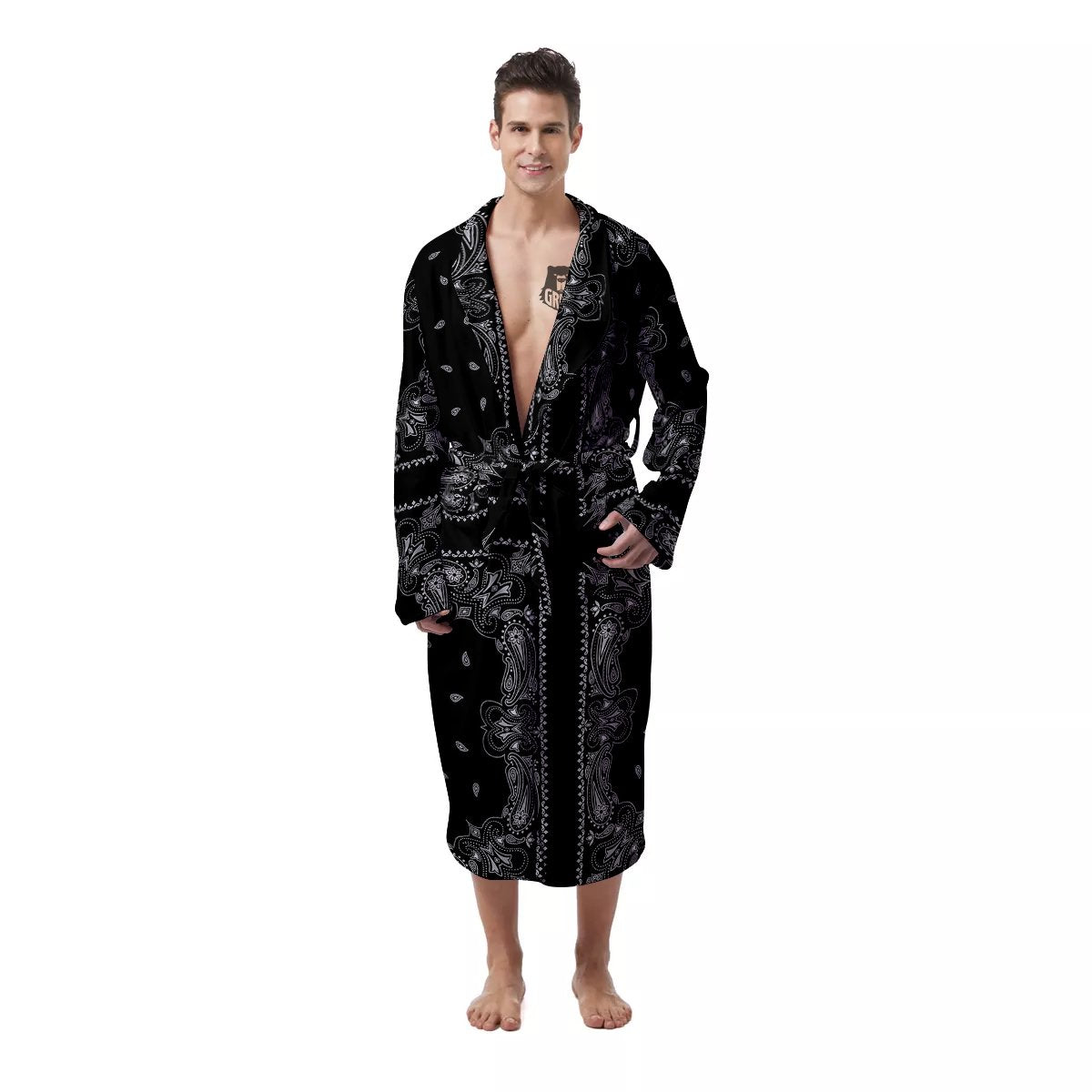 Paisley Bandana Black And White Print Pattern Men's Robe-grizzshop