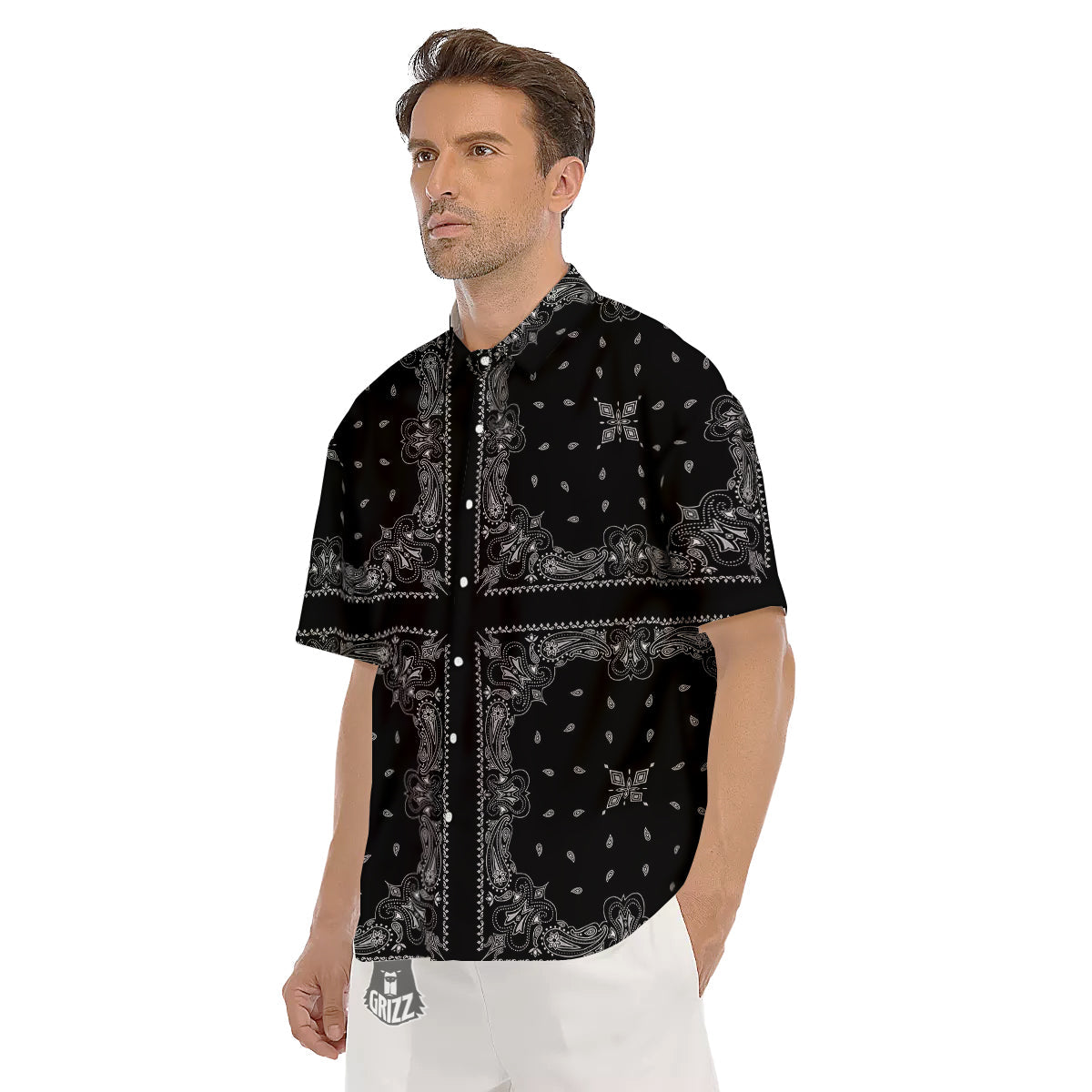 Paisley Bandana Black And White Print Pattern Men's Short Sleeve Shirts-grizzshop