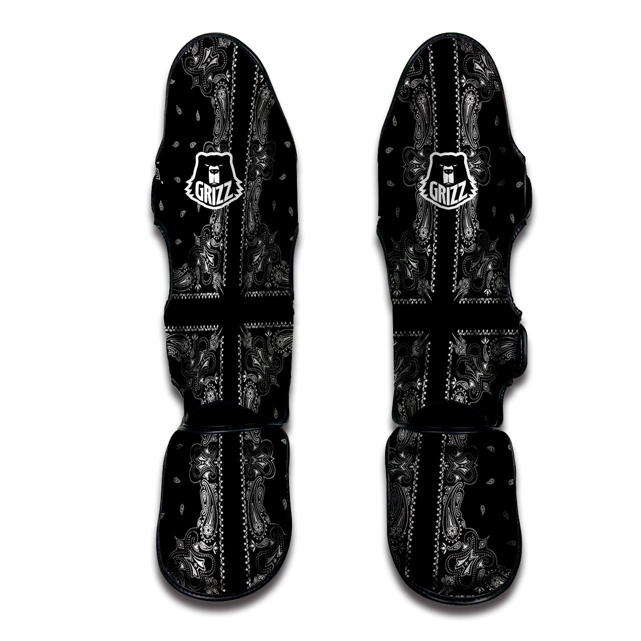 Paisley Bandana Black And White Print Pattern Muay Thai Shin Guards-grizzshop