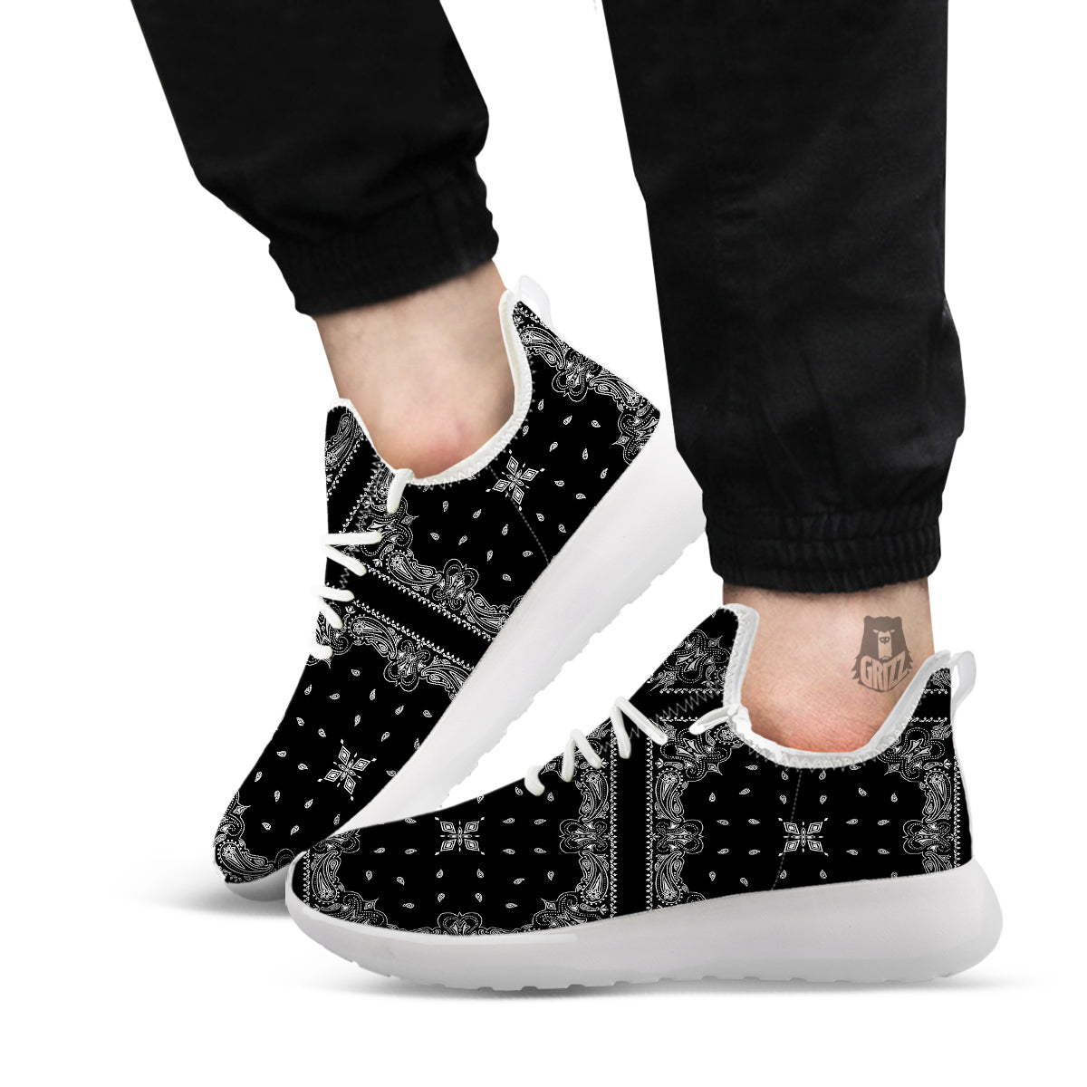 Paisley Bandana Black And White Print Pattern White Athletic Shoes-grizzshop