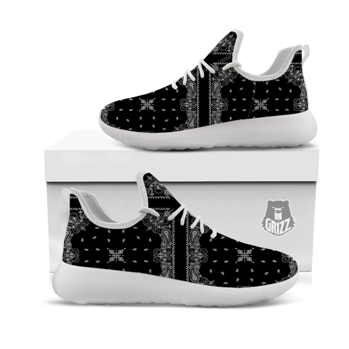 Paisley Bandana Black And White Print Pattern White Athletic Shoes-grizzshop