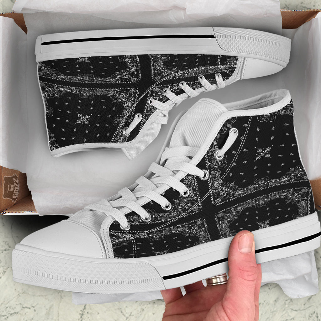 Paisley Bandana Black And White Print Pattern White High Top Shoes-grizzshop