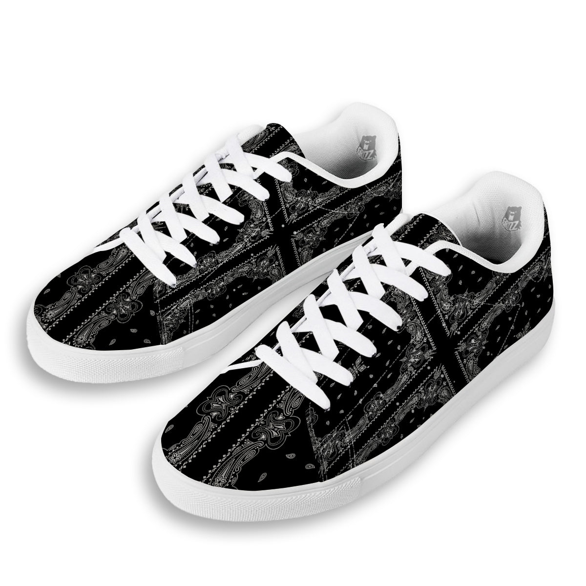 Paisley Bandana Black And White Print Pattern White Low Top Sneakers-grizzshop