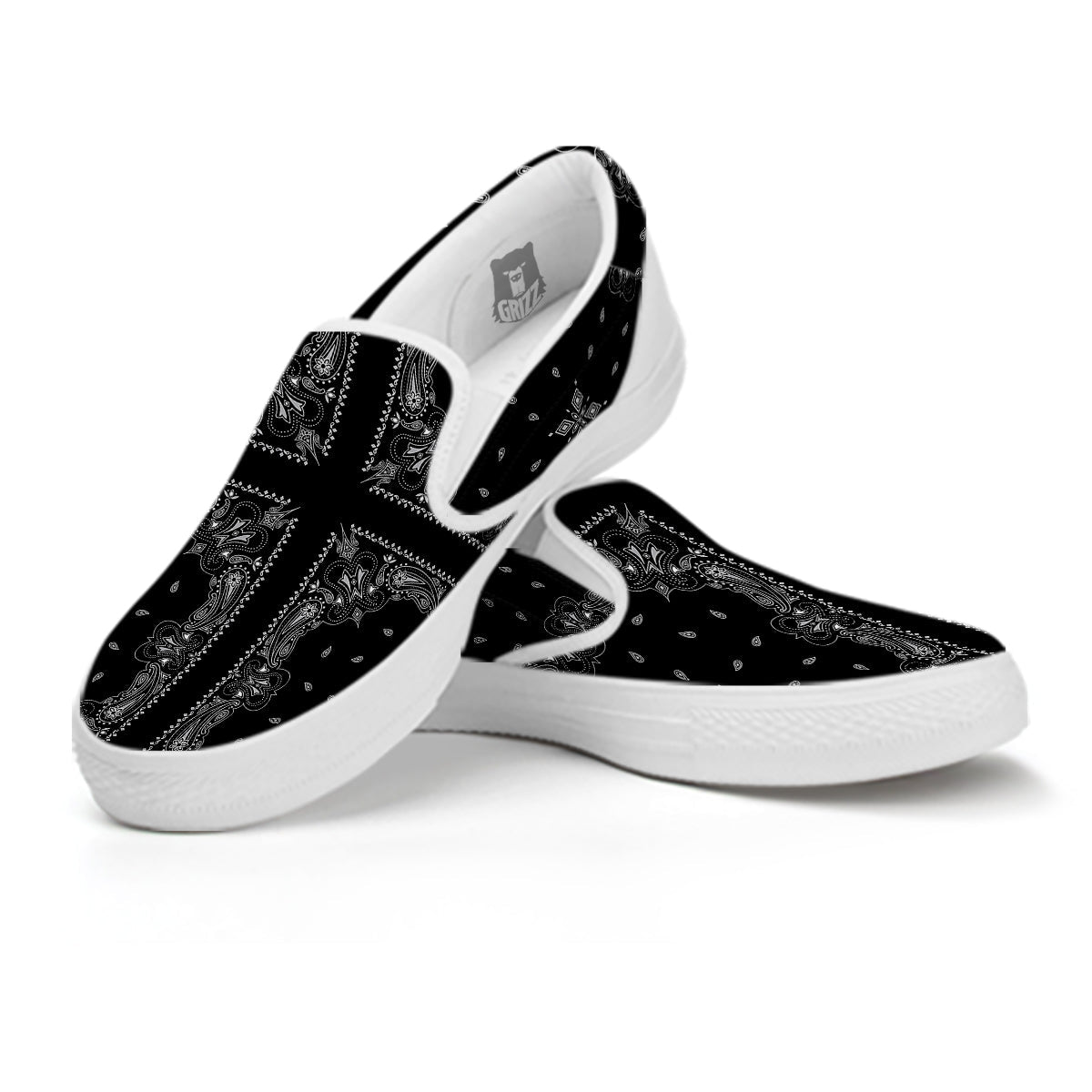 Paisley Bandana Black And White Print Pattern White Slip On Shoes-grizzshop