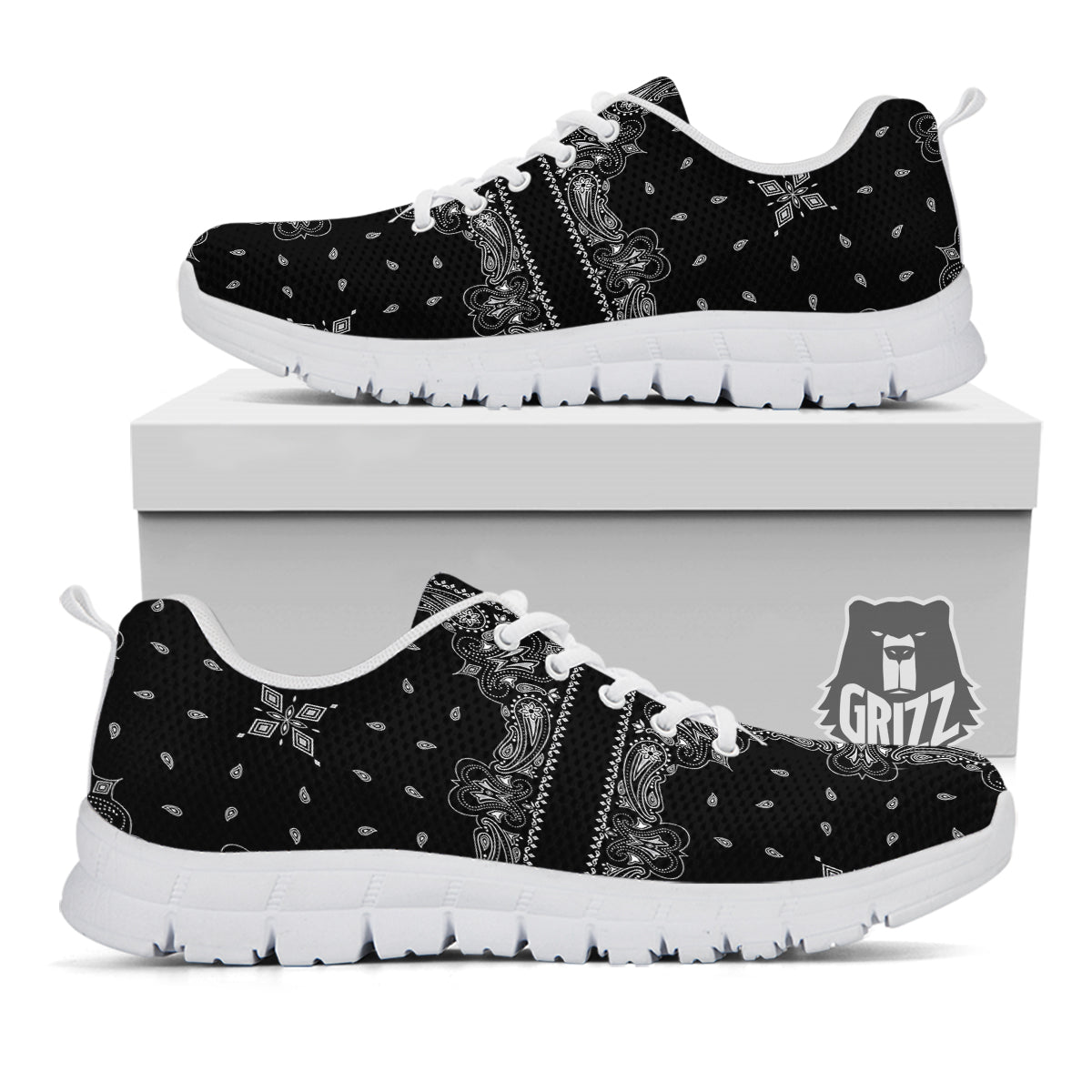 Paisley Bandana Black And White Print Pattern White Sneaker-grizzshop