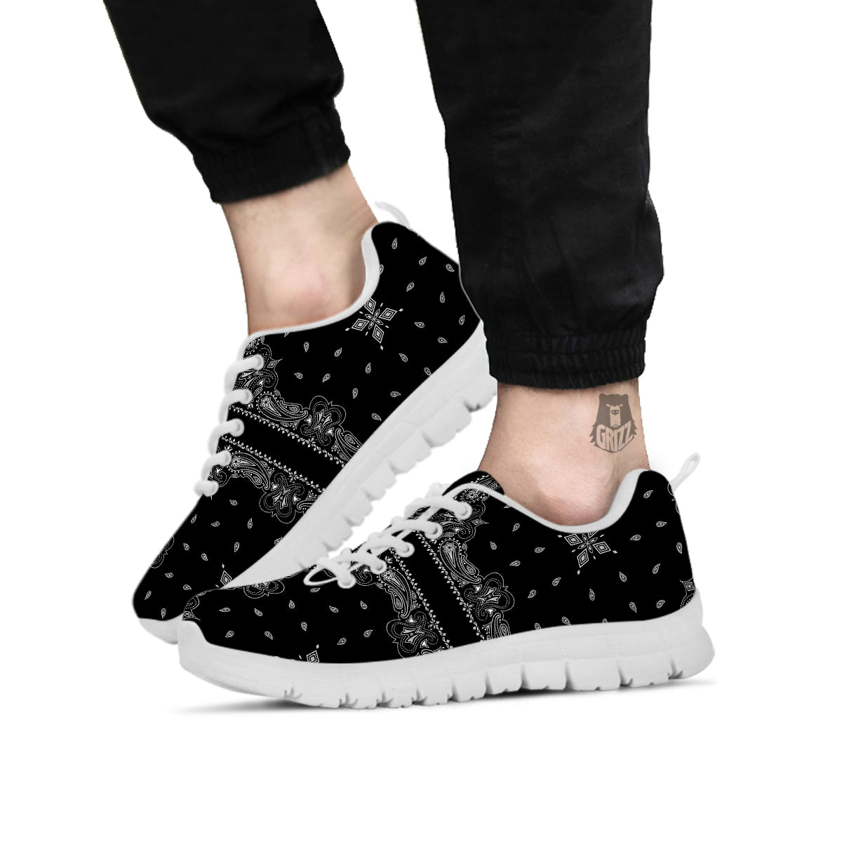 Paisley Bandana Black And White Print Pattern White Sneaker-grizzshop