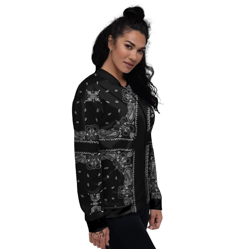 Paisley Bandana Black And White Print Pattern Women's Bomber Jacket-grizzshop