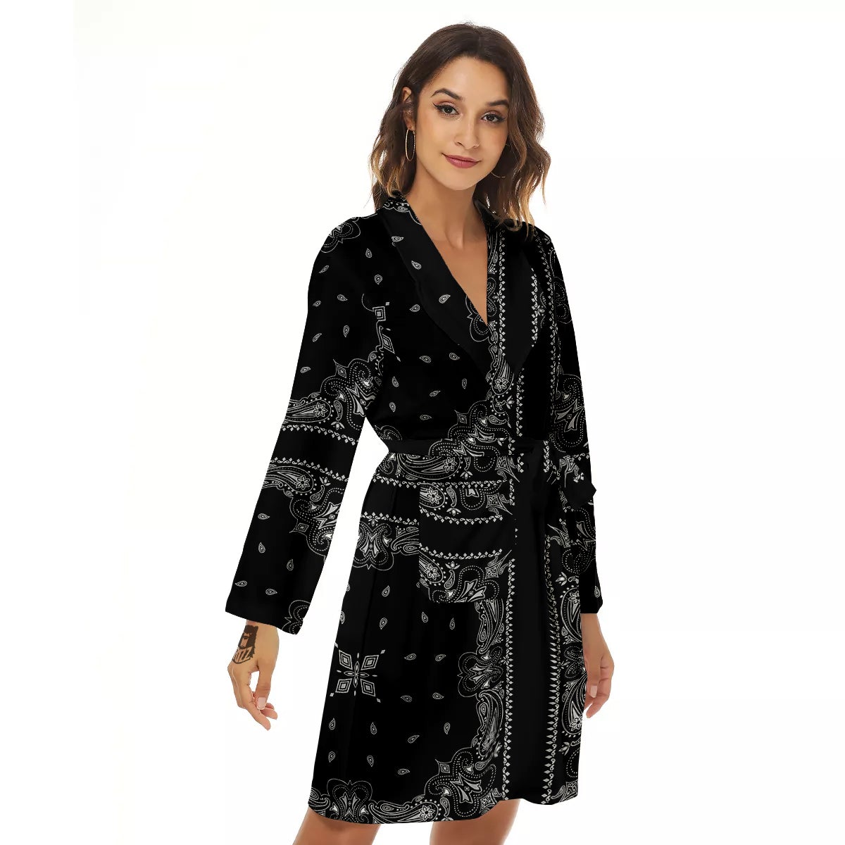 Paisley Bandana Black And White Print Pattern Women's Robe-grizzshop