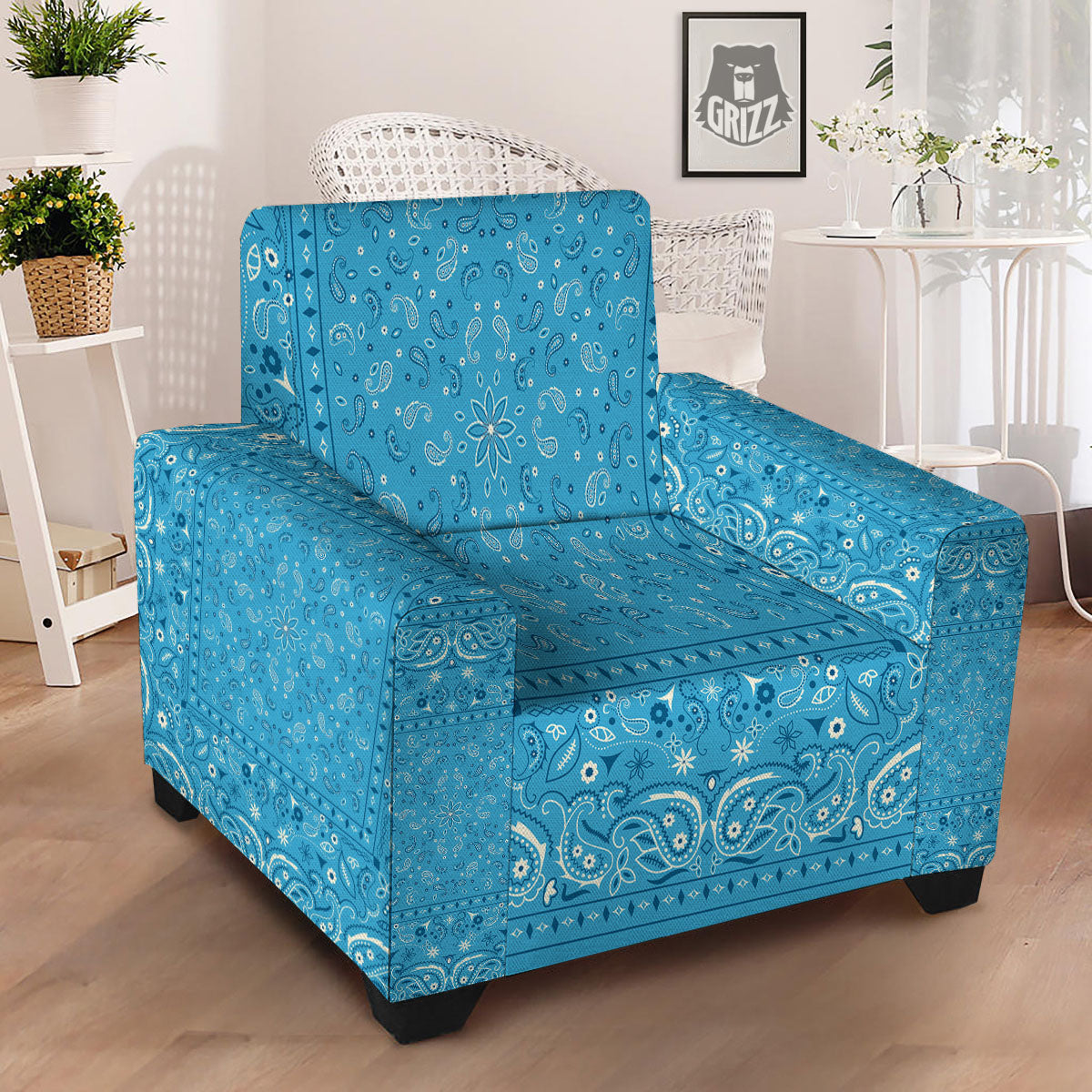 Paisley Bandana Light Blue Print Armchair Slipcover-grizzshop