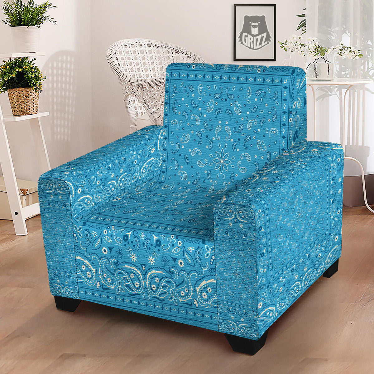 Paisley Bandana Light Blue Print Armchair Slipcover-grizzshop