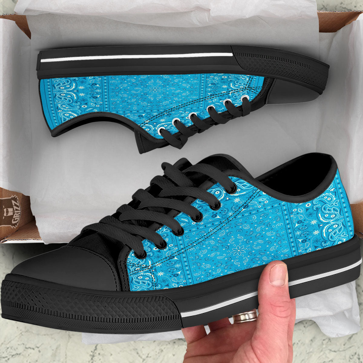 Paisley Bandana Light Blue Print Black Low Top Shoes-grizzshop