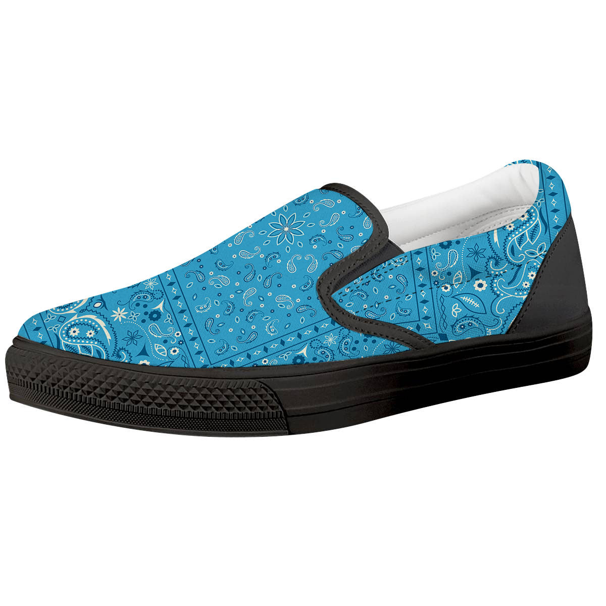 Paisley Bandana Light Blue Print Black Slip On Shoes-grizzshop