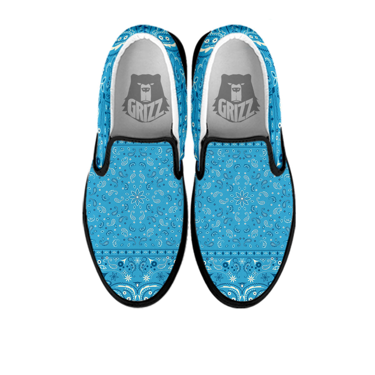 Paisley Bandana Light Blue Print Black Slip On Shoes-grizzshop