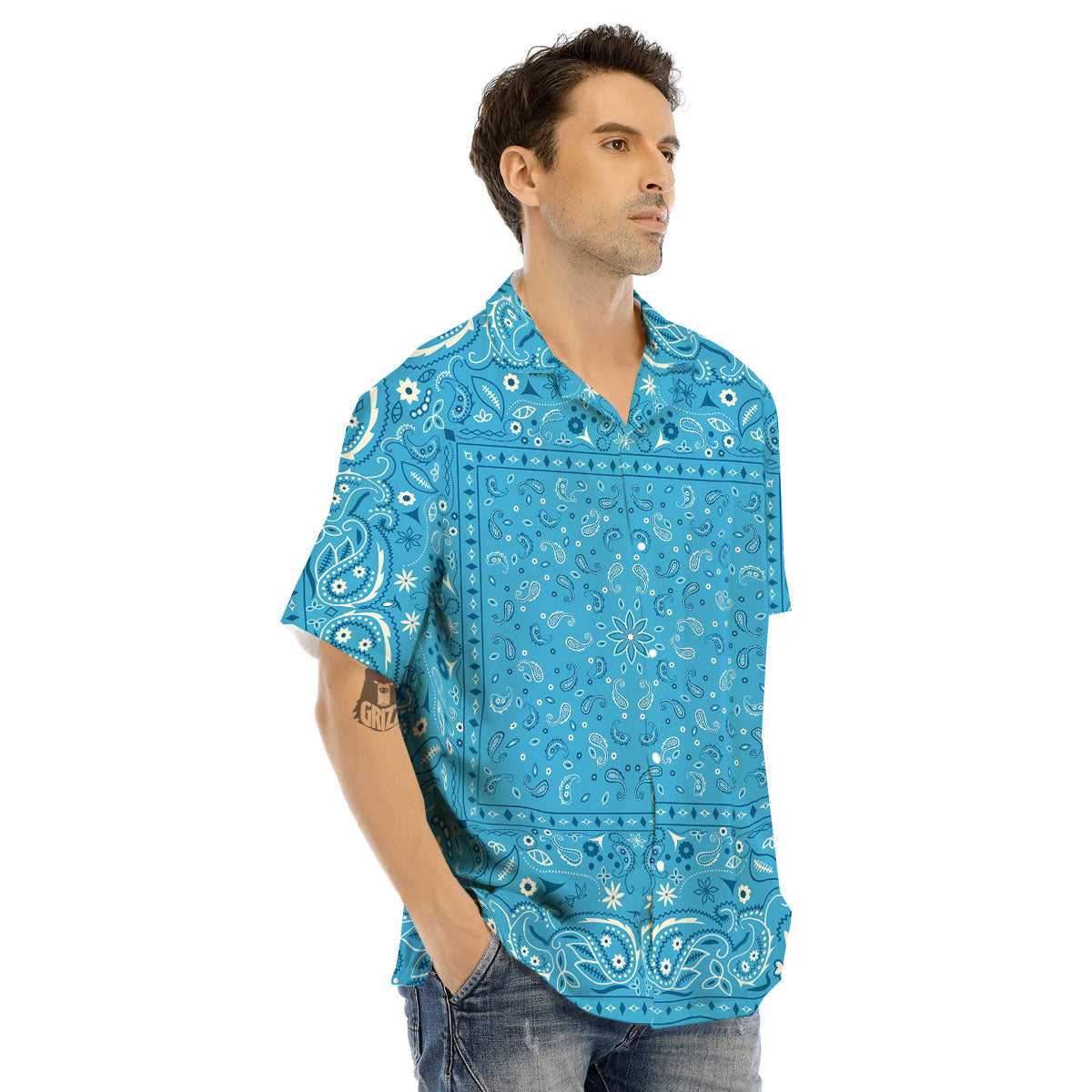 Paisley Bandana Light Blue Print Men's Hawaiian Shirt-grizzshop