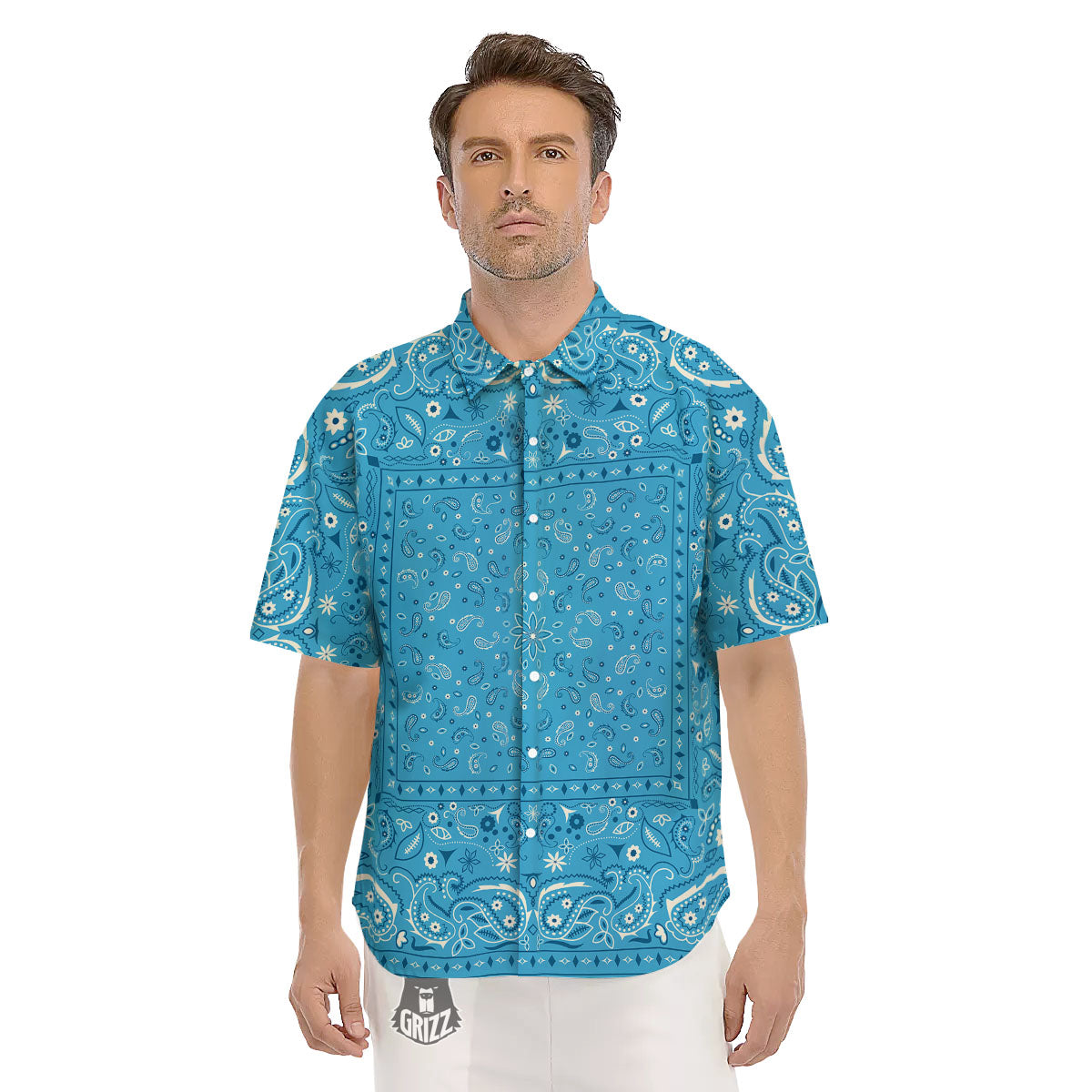 Paisley Bandana Light Blue Print Men's Short Sleeve Shirts-grizzshop