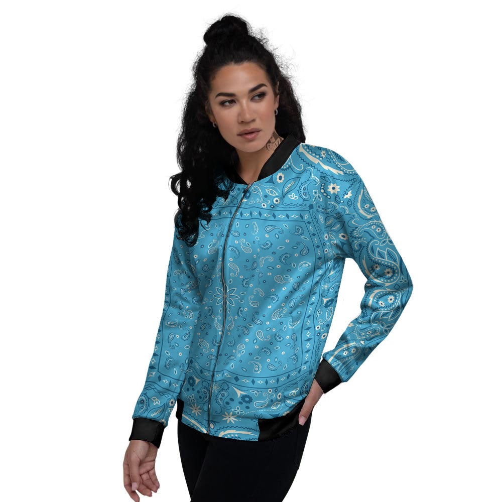 Paisley Bandana Light Blue Print Women's Bomber Jacket-grizzshop