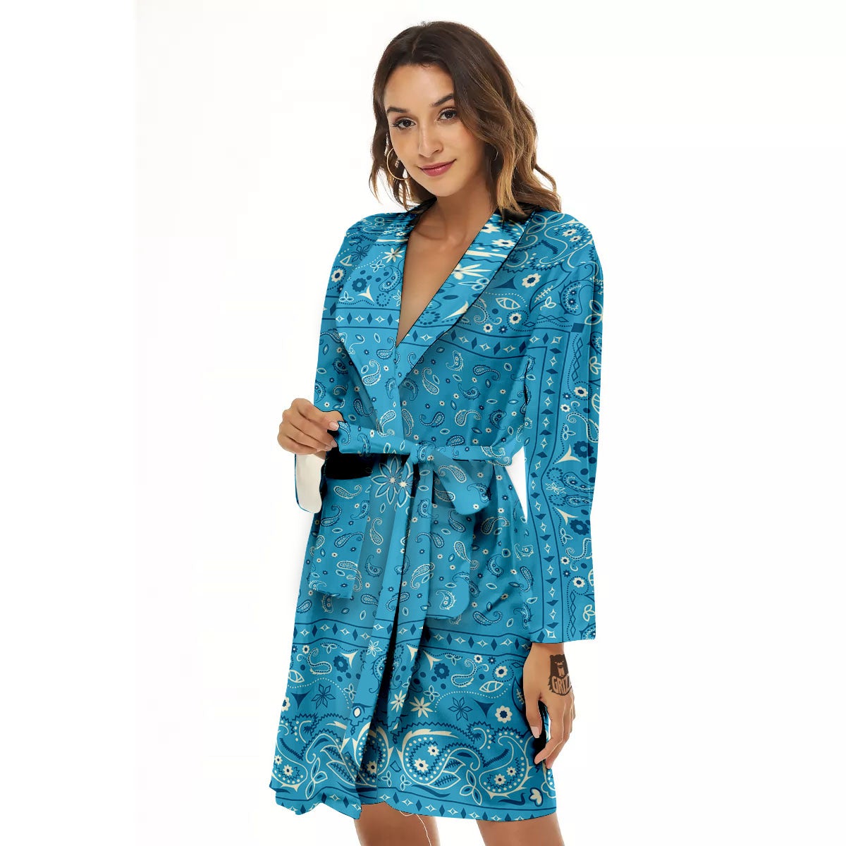 Paisley Bandana Light Blue Print Women's Robe-grizzshop