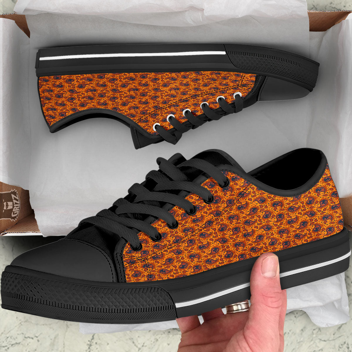 Paisley Bandana Orange Print Black Low Top Shoes-grizzshop