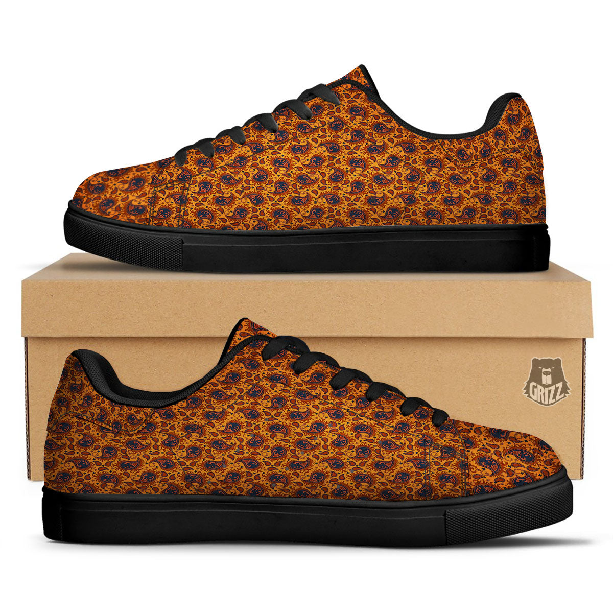 Paisley Bandana Orange Print Black Low Top Sneakers-grizzshop