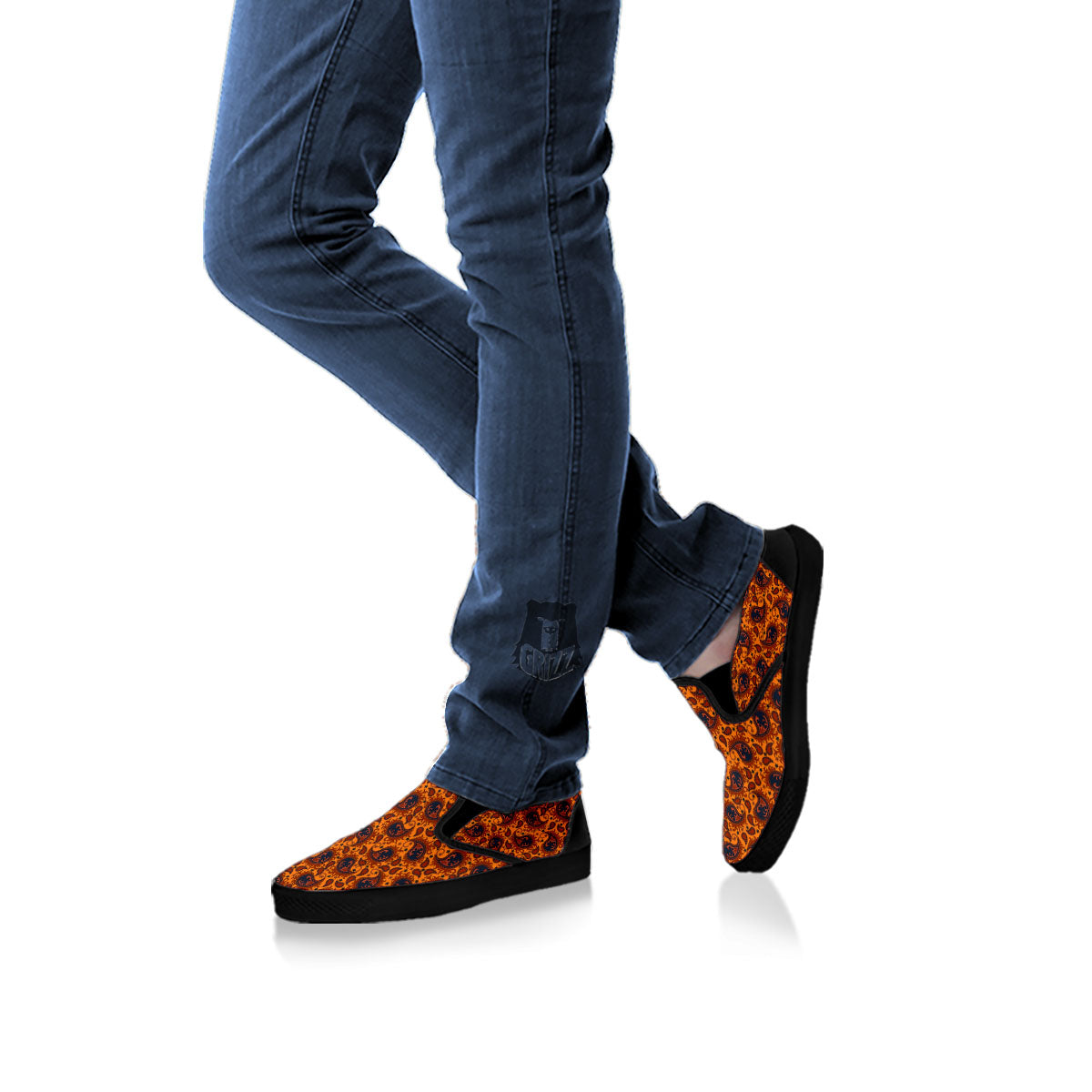 Paisley Bandana Orange Print Black Slip On Shoes-grizzshop