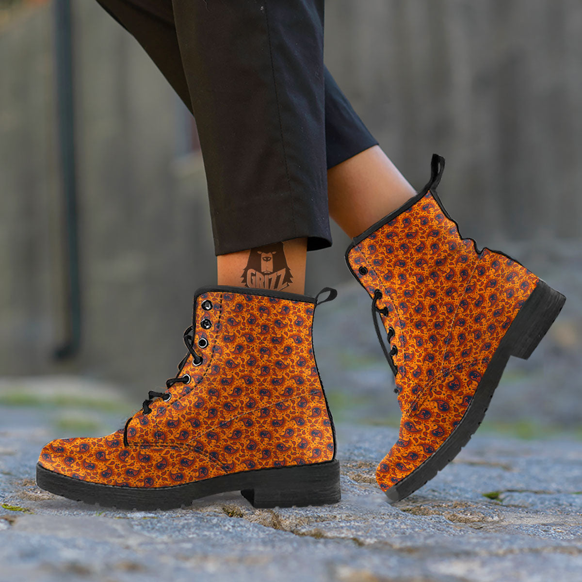 Paisley Bandana Orange Print Leather Boots-grizzshop