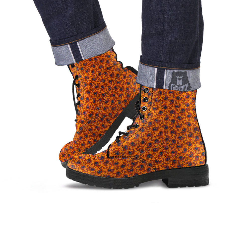 Paisley Bandana Orange Print Leather Boots-grizzshop