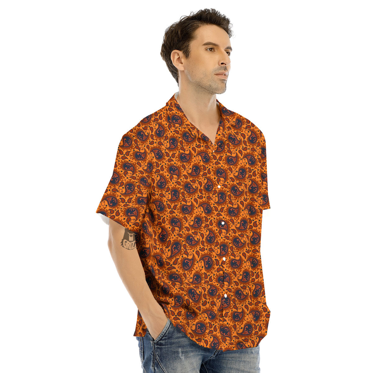 Paisley Bandana Orange Print Men's Hawaiian Shirt-grizzshop