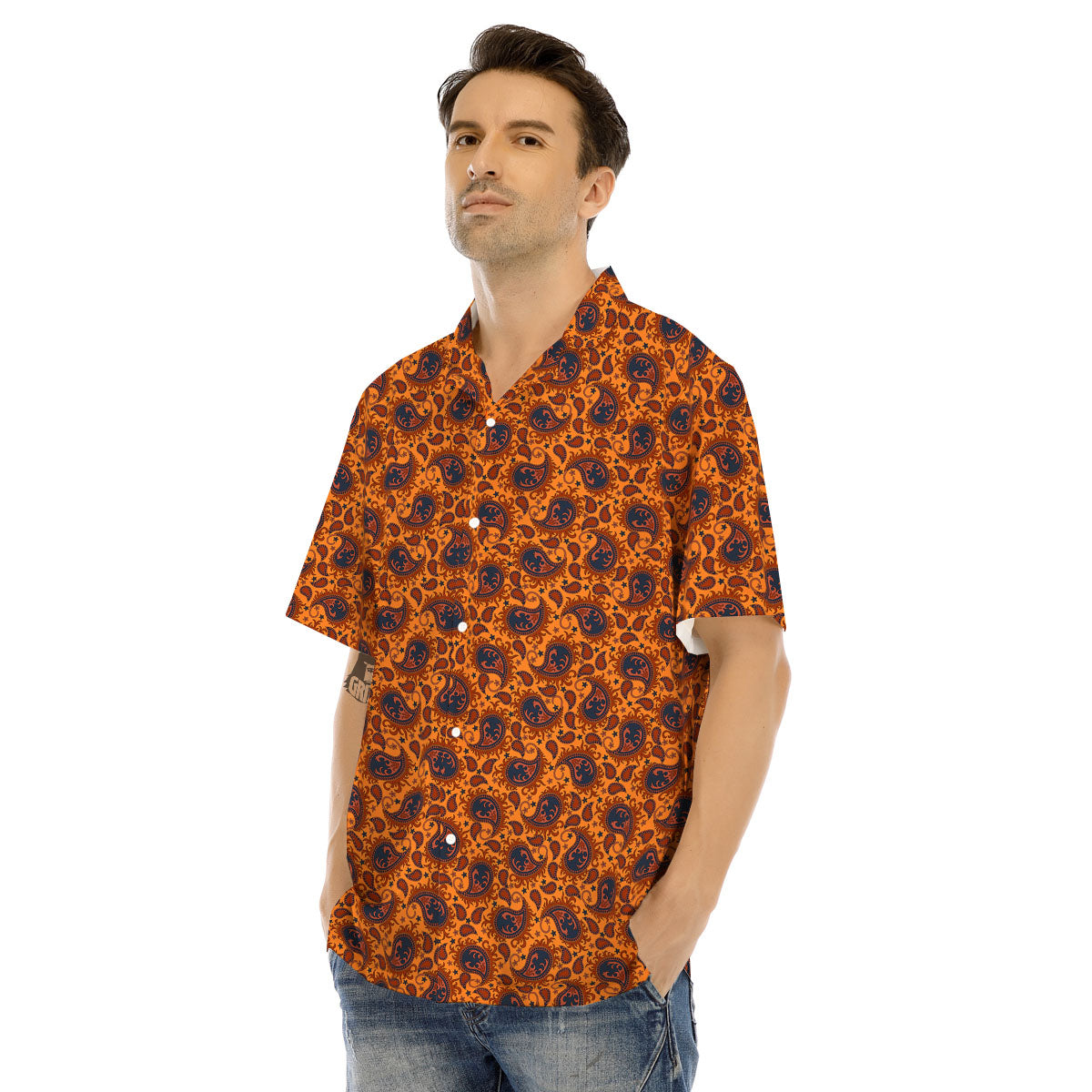 Paisley Bandana Orange Print Men's Hawaiian Shirt-grizzshop