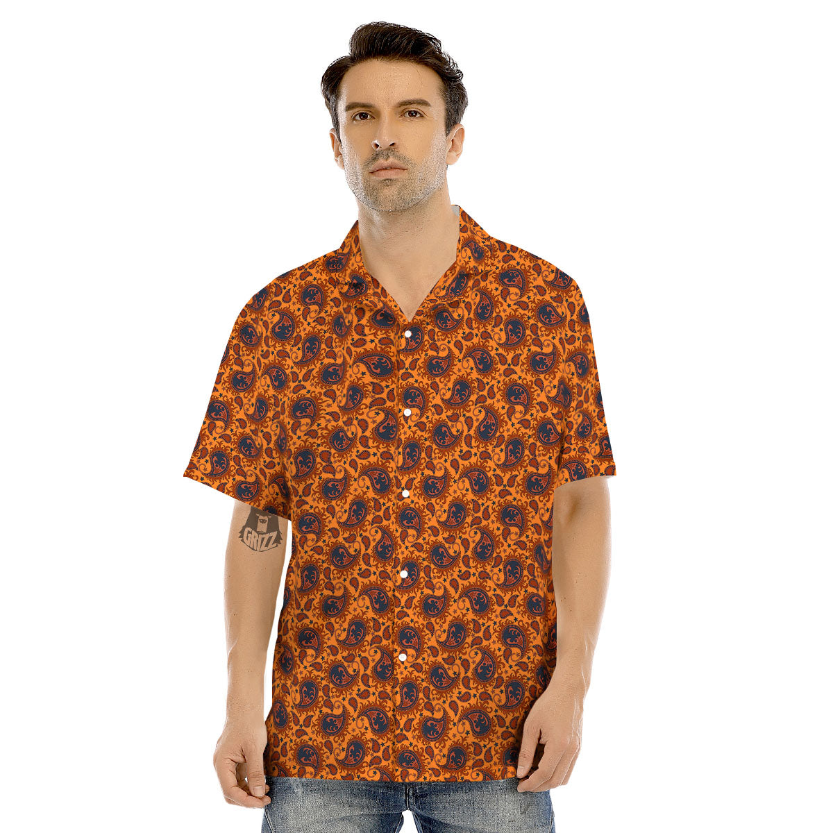 Paisley Bandana Orange Print Men's Hawaiian Shirt-grizzshop