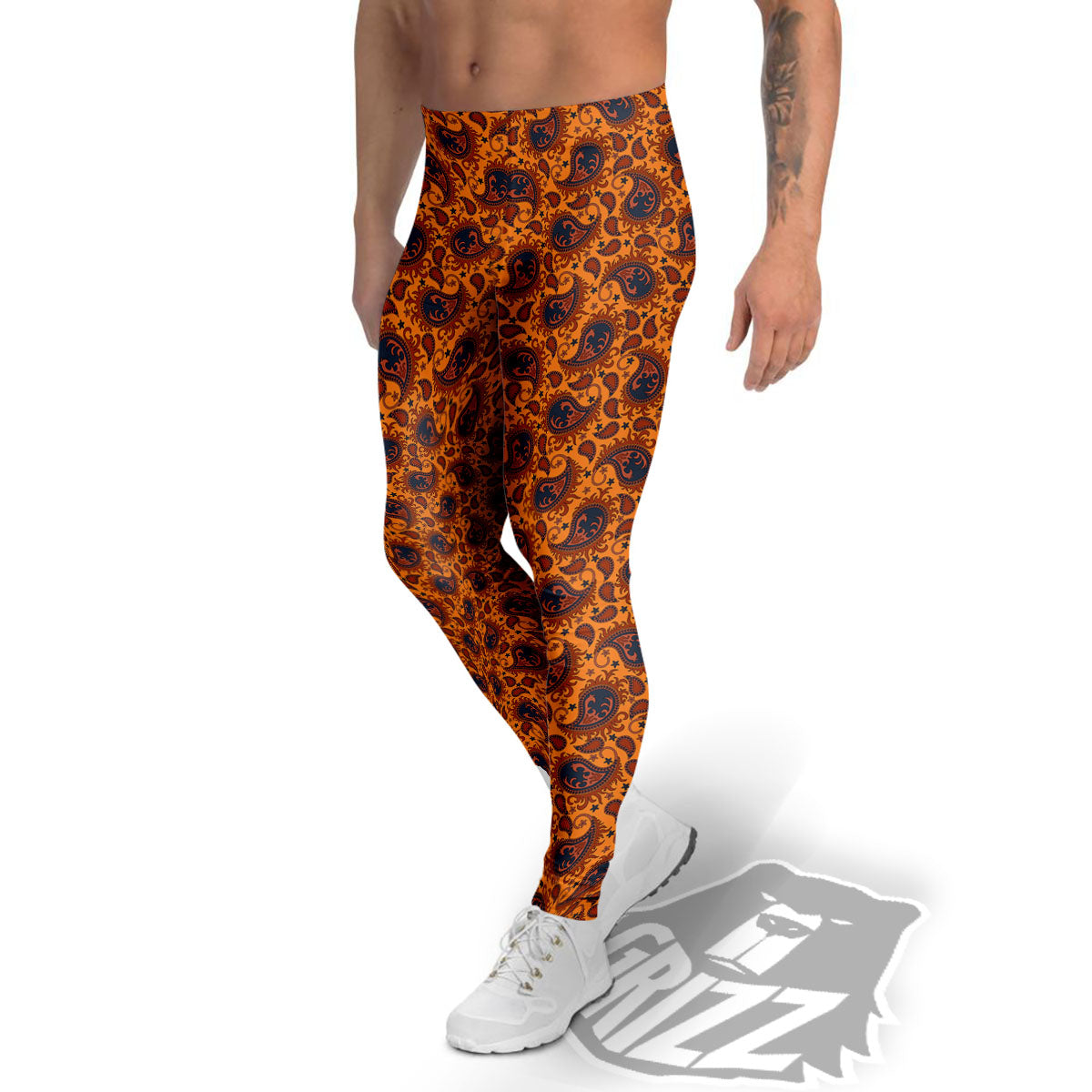 Paisley Bandana Orange Print Men's Leggings-grizzshop